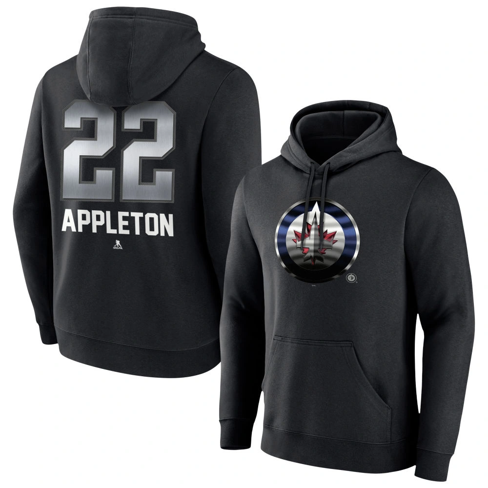 Men's Winnipeg Jets Black Midnight Mascot Logo Mason Appleton Player Pullover Hoodie