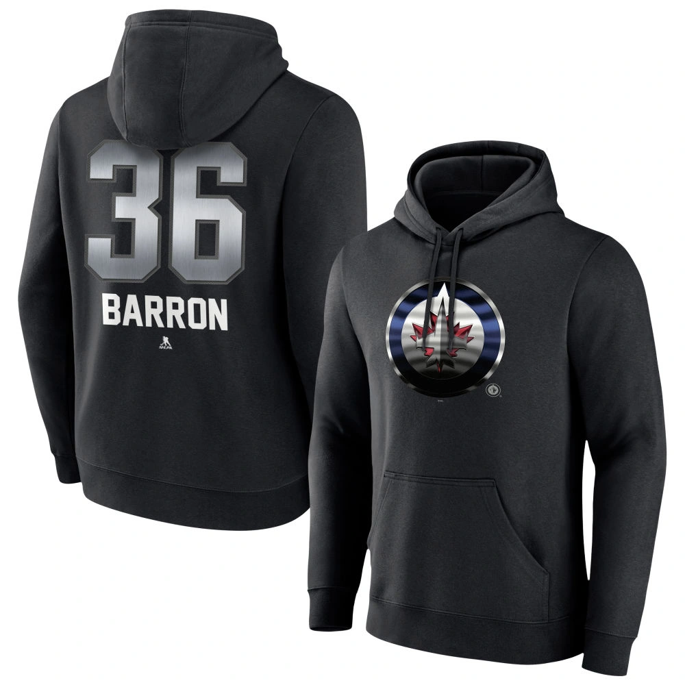 Men's Winnipeg Jets Black Midnight Mascot Logo Morgan Barron Player Pullover Hoodie Men's Winnipeg Jets Black Midnight Mascot Logo Morgan Barron Player Pullover Hoodie