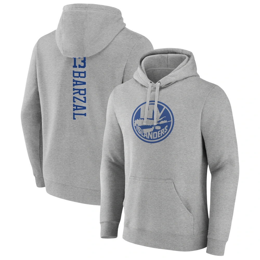 Men's New York Islanders Heather Gray Mathew Barzal Player Pullover Hoodie Men's New York Islanders Heather Gray Mathew Barzal Player Pullover Hoodie