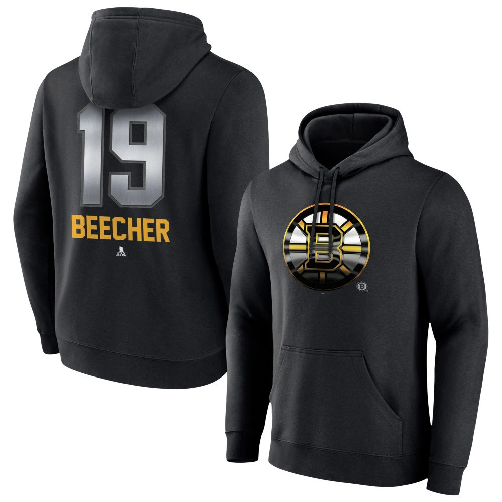 Men's Boston Bruins Black Midnight Mascot Logo John Beecher #19 Player Pullover Hoodie Men's Boston Bruins Black Midnight Mascot Logo John Beecher #19 Player Pullover Hoodie