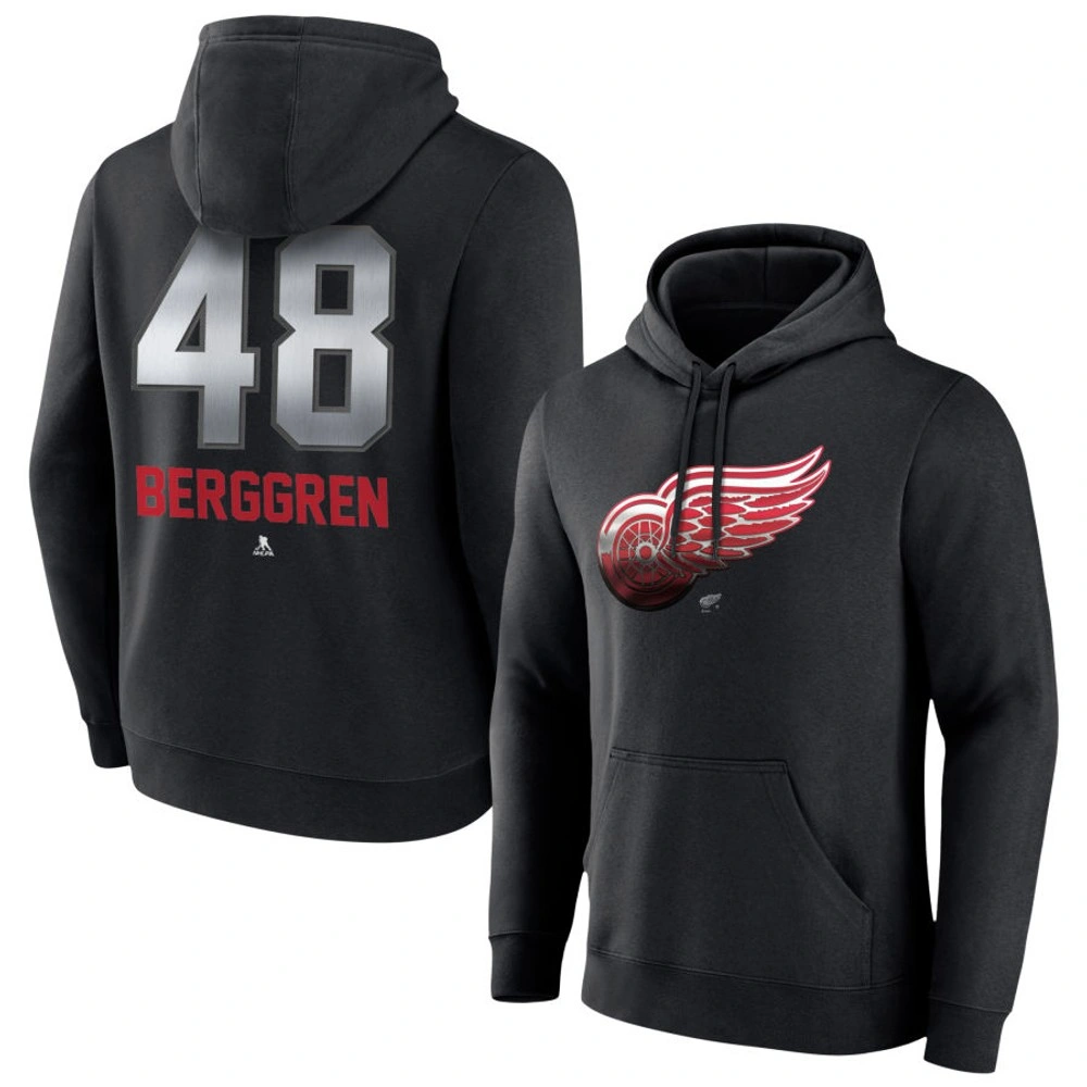 Men's Detroit Red Wings Black Midnight Mascot Logo Jonatan Berggren Player Pullover Hoodie Men's Detroit Red Wings Black Midnight Mascot Logo Jonatan Berggren Player Pullover Hoodie