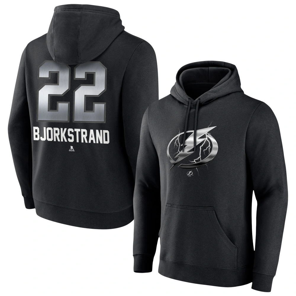 Men's Tampa Bay Lightning Black Midnight Mascot Logo Oliver Bjorkstrand Player Pullover Hoodie
