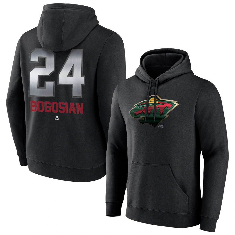 Men's Minnesota Wild Black Midnight Mascot Logo Zach Bogosian Player Pullover Hoodie Men's Minnesota Wild Black Midnight Mascot Logo Zach Bogosian Player Pullover Hoodie