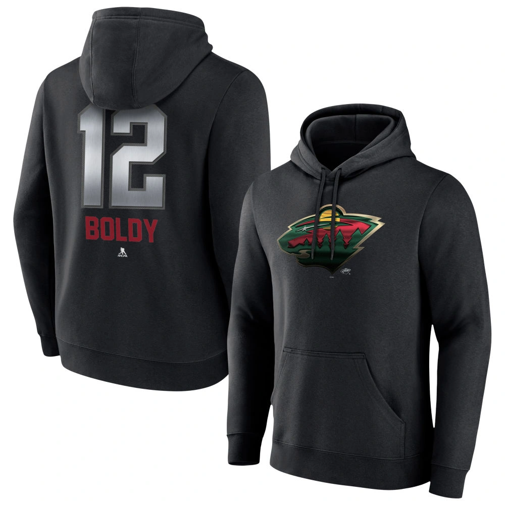 Youth Minnesota Wild Black Midnight Mascot Logo Matt Boldy Pullover Hoodie