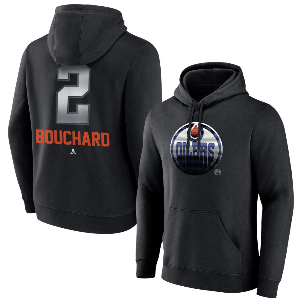 Men's Edmonton Oilers Black Midnight Mascot Logo Evan Bouchard Player Pullover Hoodie