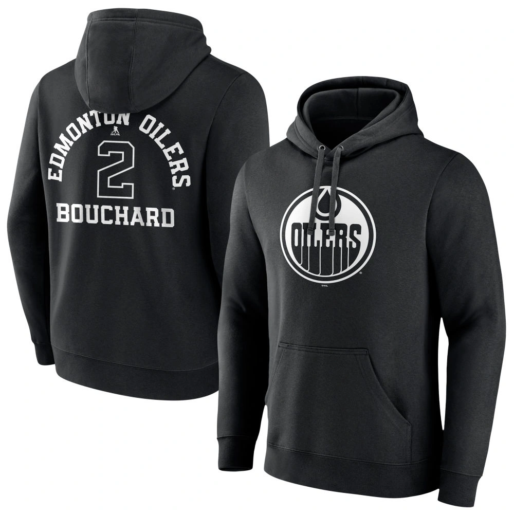 Youth Edmonton Oilers Black Monochrome Evan Bouchard Pullover Hoodie Youth Edmonton Oilers Black Monochrome Evan Bouchard Pullover Hoodie