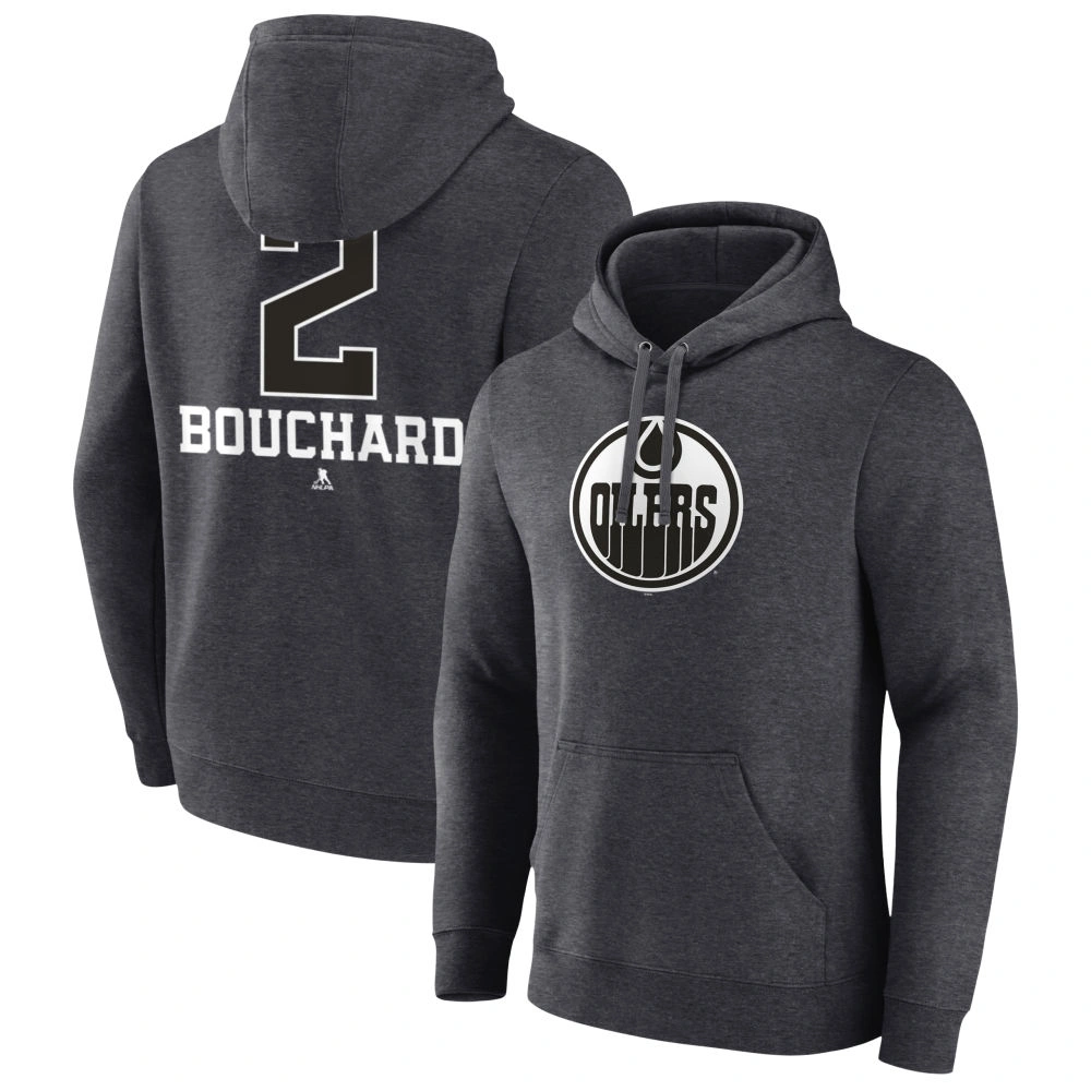 Men's Edmonton Oilers Charcoal Monochrome Evan Bouchard Player Pullover Hoodie Men's Edmonton Oilers Charcoal Monochrome Evan Bouchard Player Pullover Hoodie