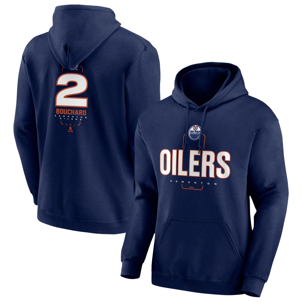 Men's Edmonton Oilers Navy Midfielder Evan Bouchard Player Pullover Hoodie