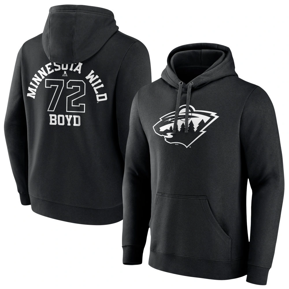 Men's Minnesota Wild Black Monochrome Travis Boyd Player Pullover Hoodie Men's Minnesota Wild Black Monochrome Travis Boyd Player Pullover Hoodie