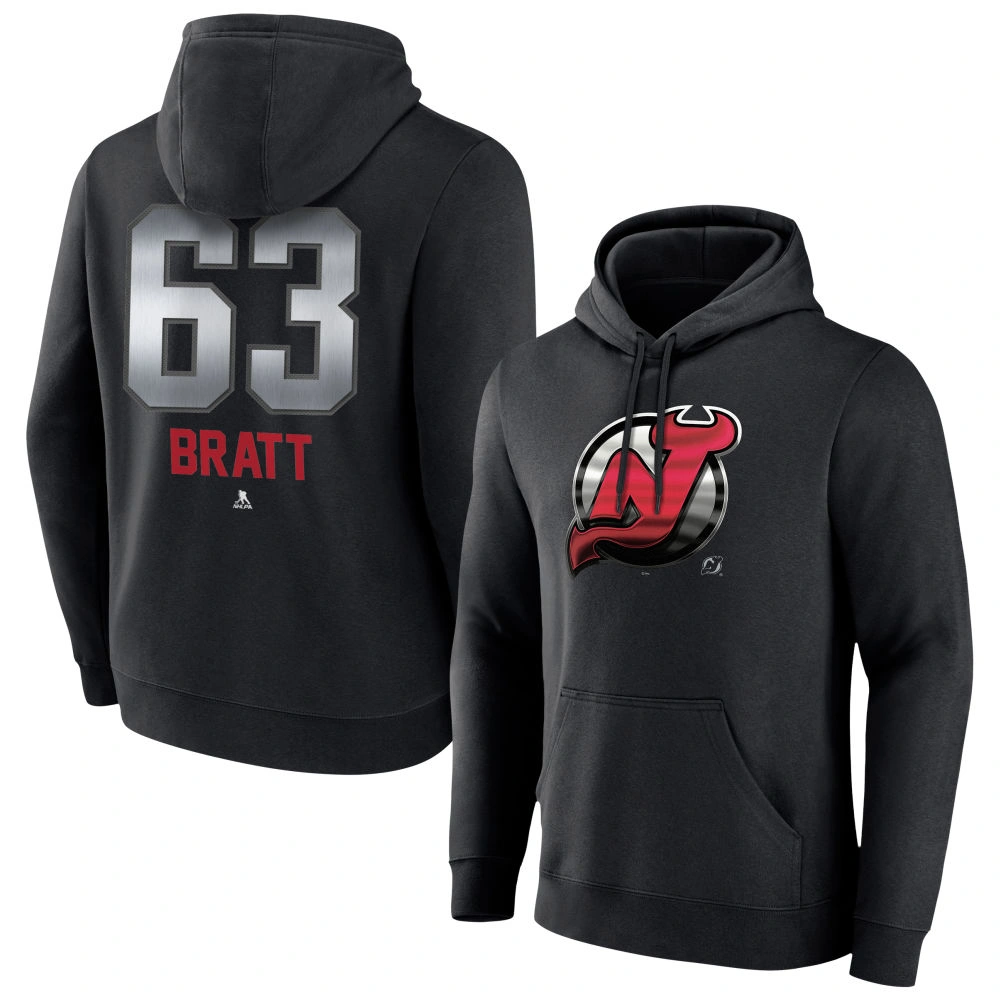 Men's New Jersey Devils Black Midnight Mascot Logo Jesper Bratt Player Pullover Hoodie