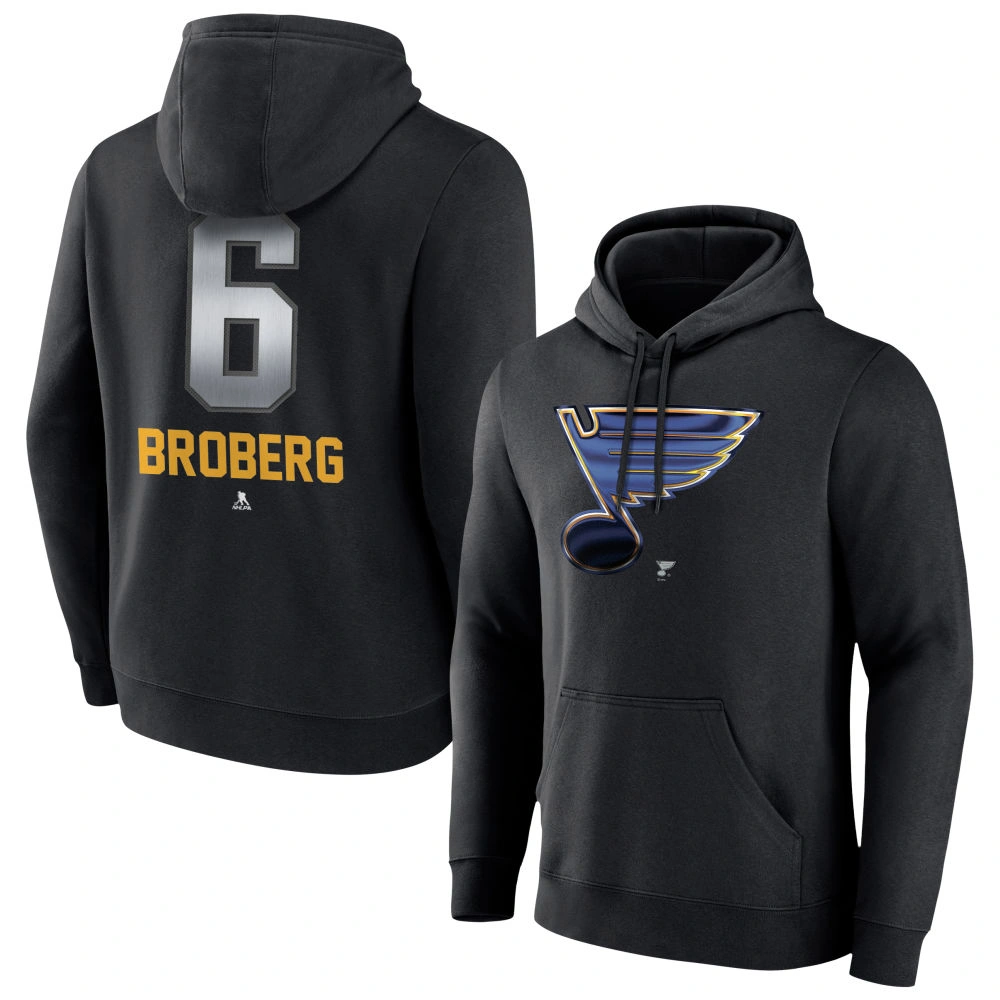 Men's St. Louis Blues Black Midnight Mascot Logo Philip Broberg Player Pullover Hoodie Men's St. Louis Blues Black Midnight Mascot Logo Philip Broberg Player Pullover Hoodie