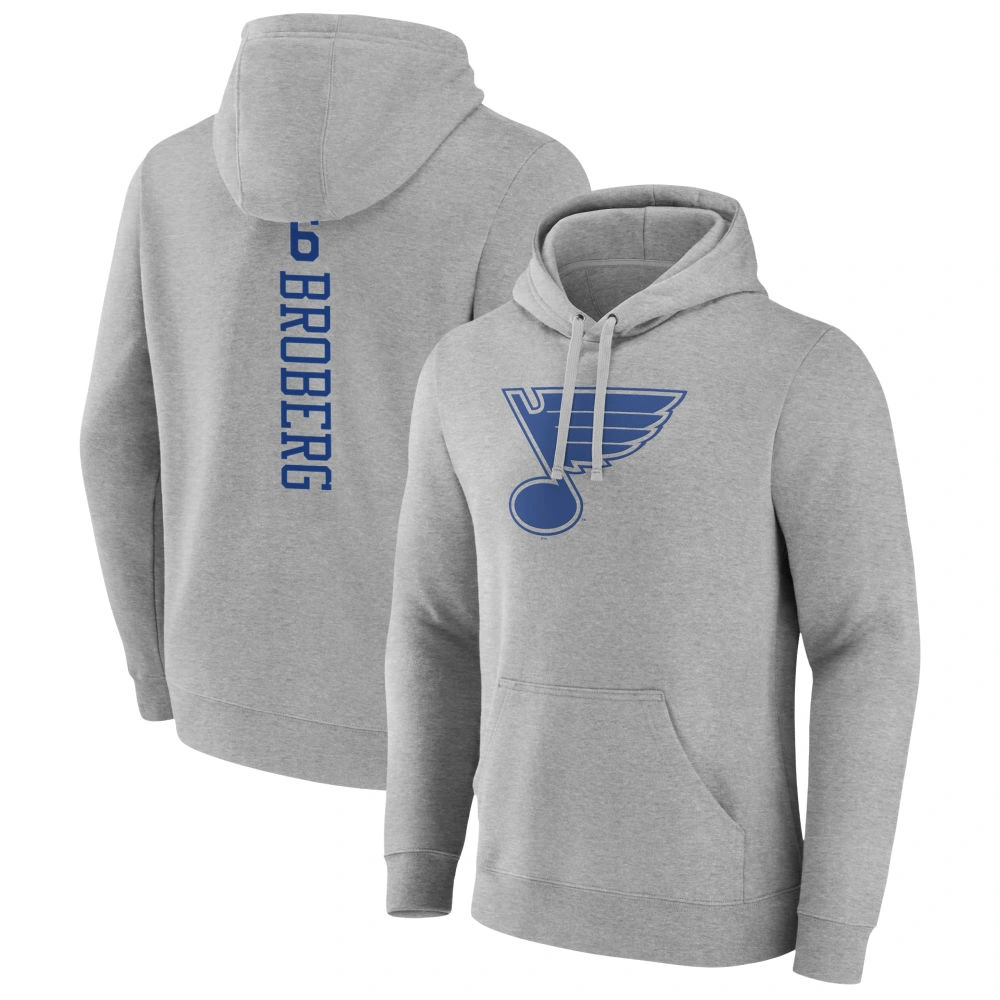 Men's St. Louis Blues Heather Gray Philip Broberg Player Pullover Hoodie Men's St. Louis Blues Heather Gray Philip Broberg Player Pullover Hoodie
