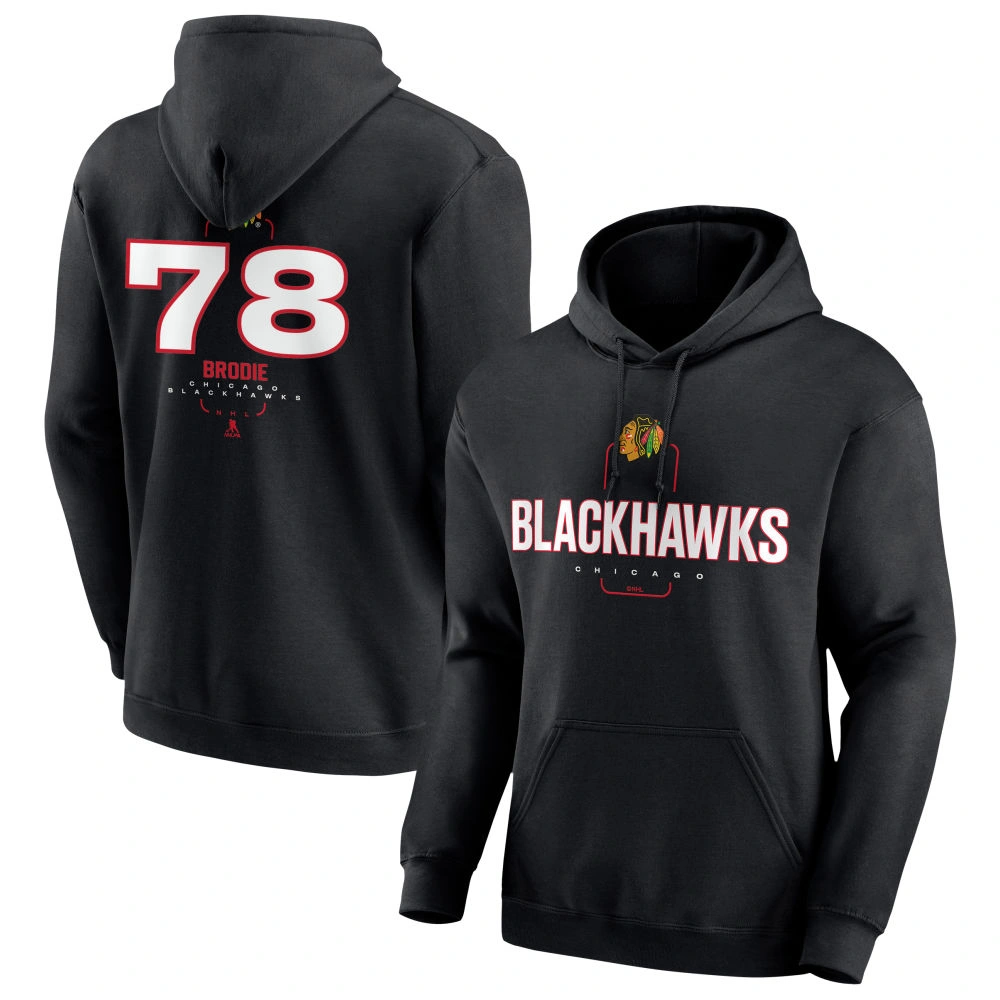 Men's Chicago Blackhawks Black Midfielder TJ Brodie Player Pullover Hoodie Men's Chicago Blackhawks Black Midfielder TJ Brodie Player Pullover Hoodie