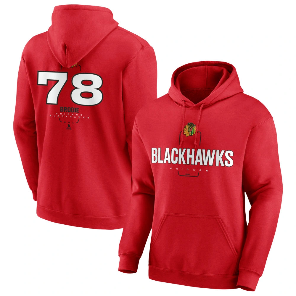 Men's Chicago Blackhawks Red Midfielder TJ Brodie Player Pullover Hoodie Men's Chicago Blackhawks Red Midfielder TJ Brodie Player Pullover Hoodie