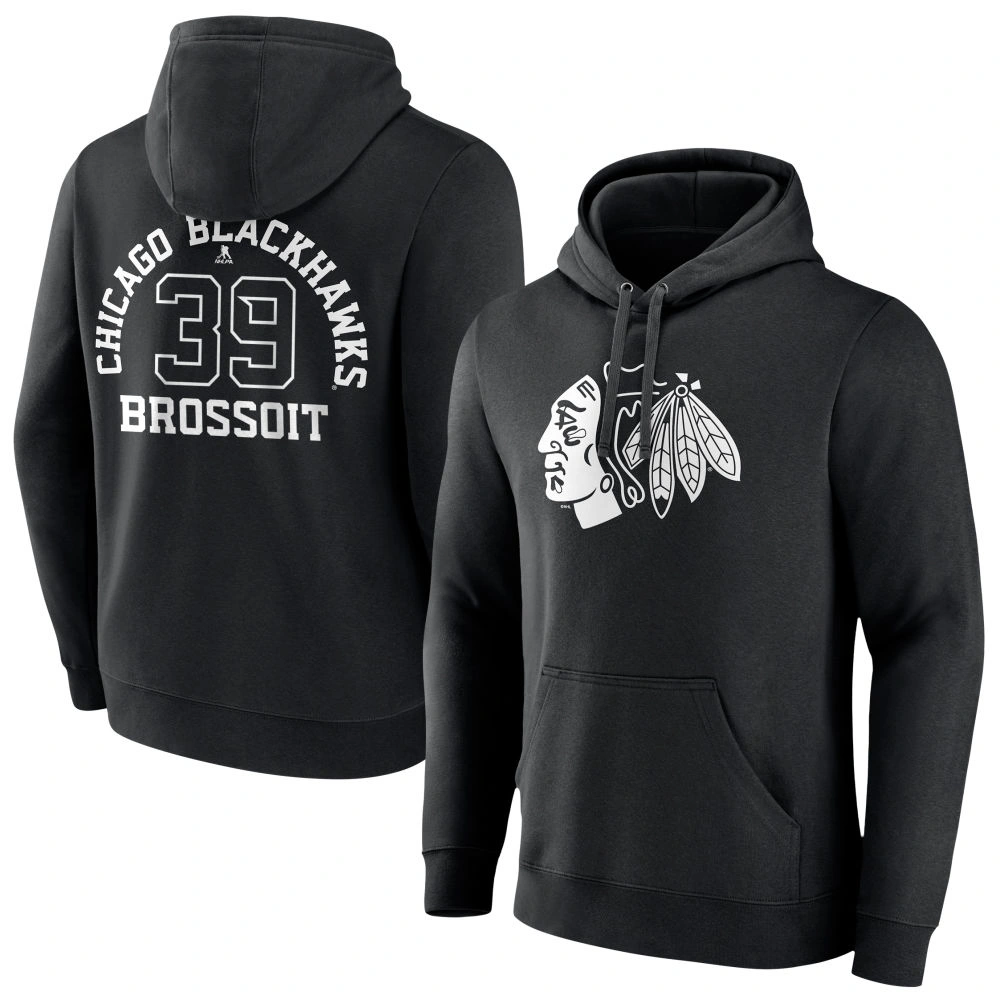 Men's Chicago Blackhawks Black Monochrome Laurent Brossoit Player Pullover Hoodie