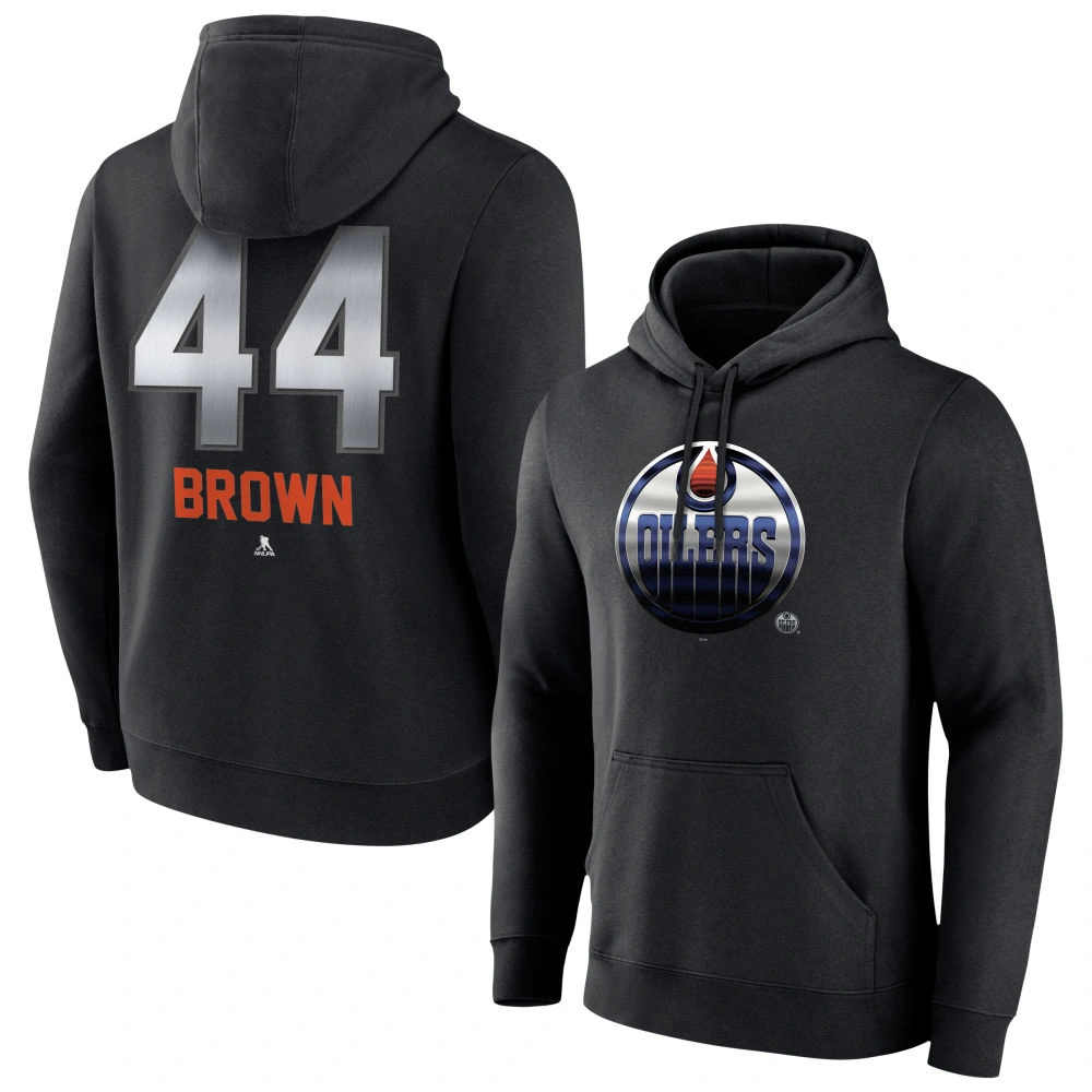 Men's Edmonton Oilers Black Midnight Mascot Logo Josh Brown Player Pullover Hoodie Men's Edmonton Oilers Black Midnight Mascot Logo Josh Brown Player Pullover Hoodie