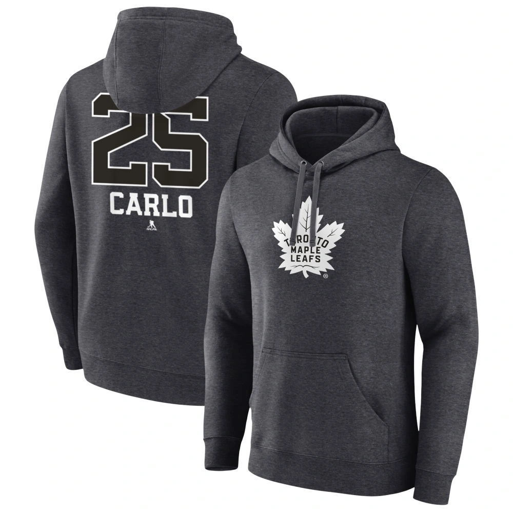 Men's Toronto Maple Leafs Charcoal Monochrome Brandon Carlo Player Pullover Hoodie Men's Toronto Maple Leafs Charcoal Monochrome Brandon Carlo Player Pullover Hoodie