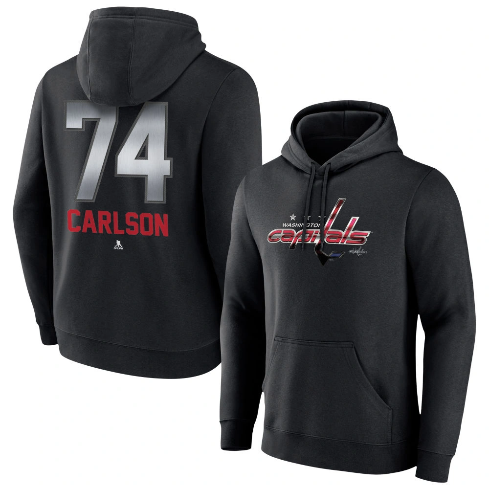 Men's Washington Capitals Black Midnight Mascot Logo John Carlson Player Pullover Hoodie