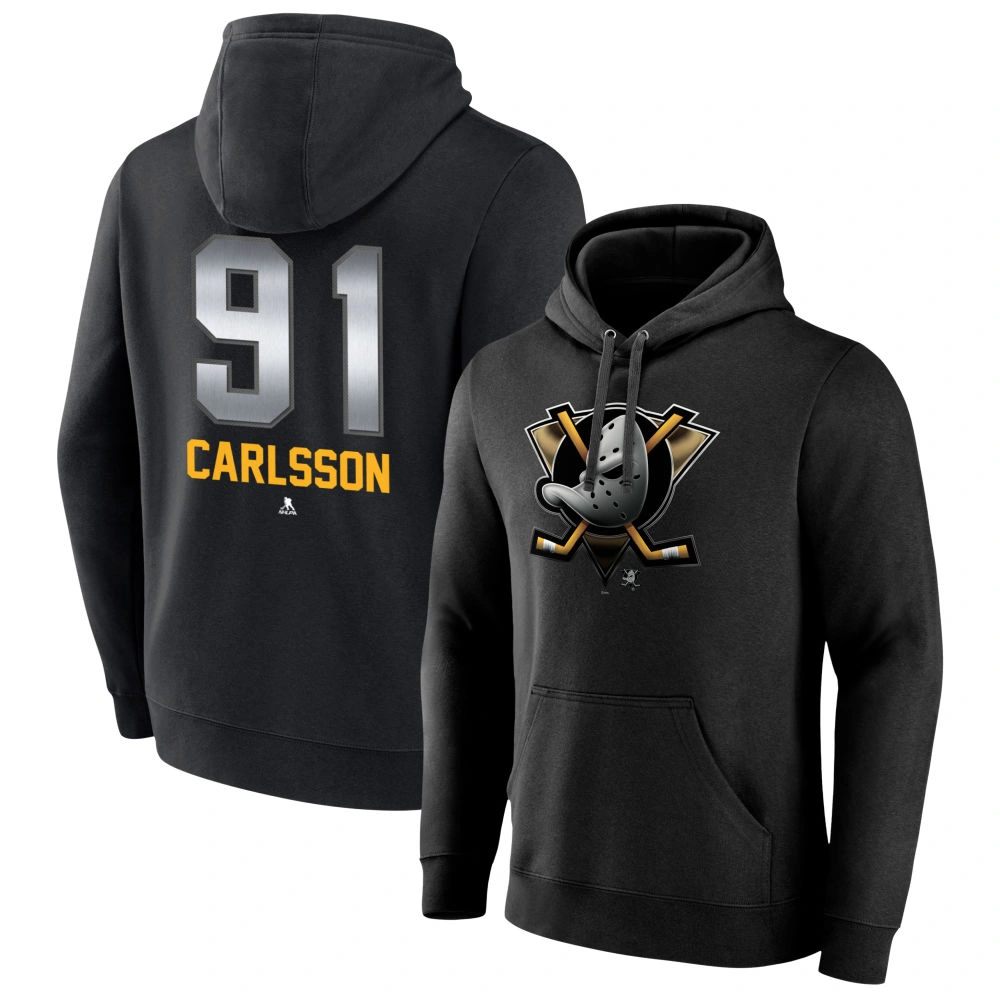 Men's Anaheim Ducks Black Midnight Mascot Logo Leo Carlsson #91 Player Pullover Hoodie Men's Anaheim Ducks Black Midnight Mascot Logo Leo Carlsson #91 Player Pullover Hoodie