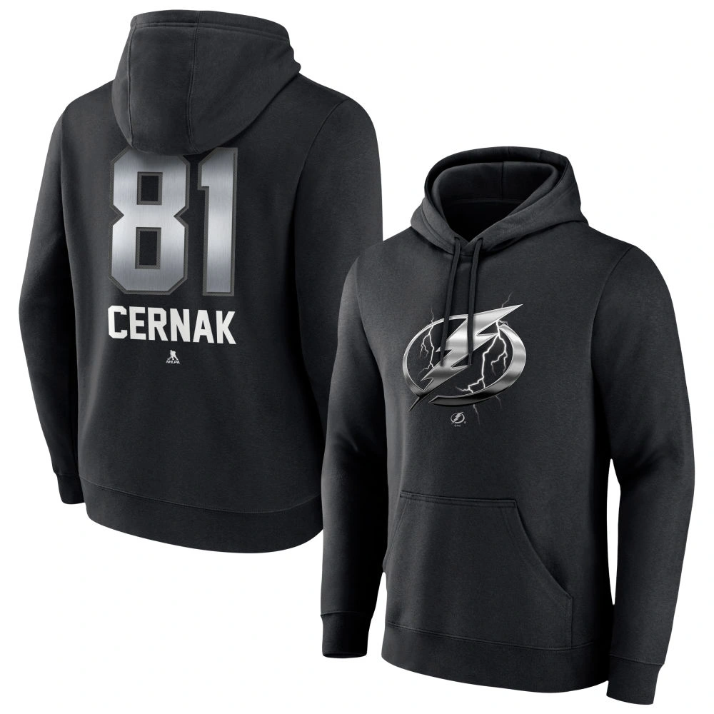 Men's Tampa Bay Lightning Black Midnight Mascot Logo Erik Cernak Player Pullover Hoodie Men's Tampa Bay Lightning Black Midnight Mascot Logo Erik Cernak Player Pullover Hoodie