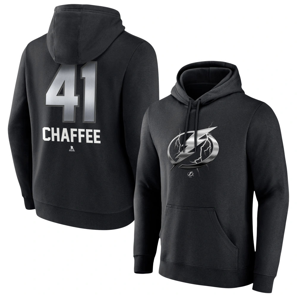 Men's Tampa Bay Lightning Black Midnight Mascot Logo Mitchell Chaffee Player Pullover Hoodie Men's Tampa Bay Lightning Black Midnight Mascot Logo Mitchell Chaffee Player Pullover Hoodie