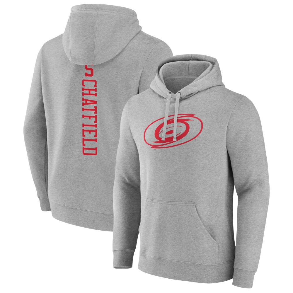 Men's Carolina Hurricanes Heather Gray Jalen Chatfield Player Pullover Hoodie Men's Carolina Hurricanes Heather Gray Jalen Chatfield Player Pullover Hoodie