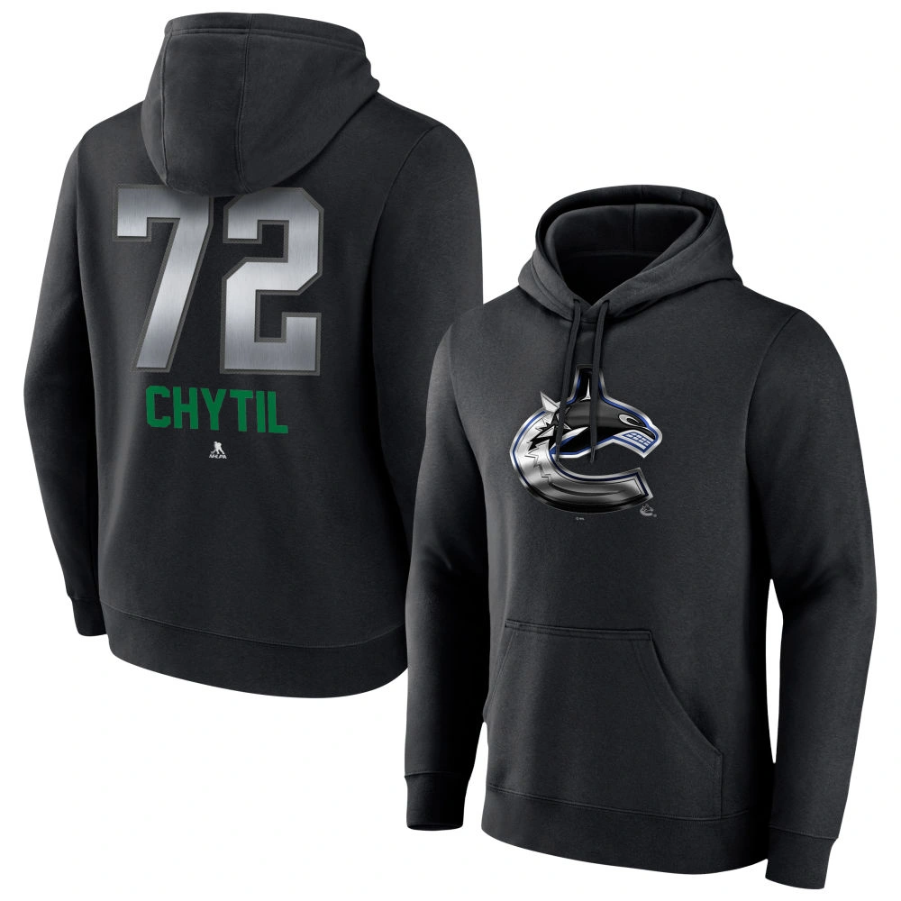 Men's Vancouver Canucks Black Midnight Mascot Logo Filip Chytil Player Pullover Hoodie