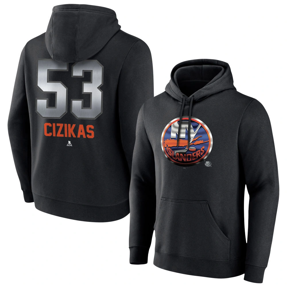 Men's New York Islanders Black Midnight Mascot Logo Casey Cizikas Player Pullover Hoodie Men's New York Islanders Black Midnight Mascot Logo Casey Cizikas Player Pullover Hoodie