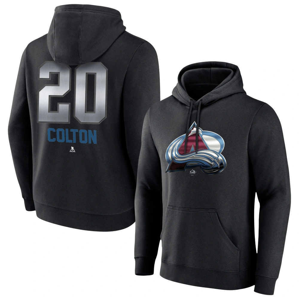 Men's Colorado Avalanche Black Midnight Mascot Logo Ross Colton Player Pullover Hoodie