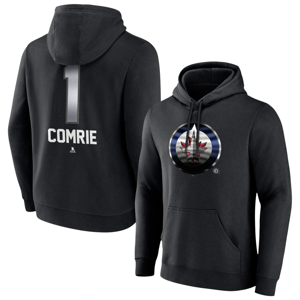 Men's Winnipeg Jets Black Midnight Mascot Logo Eric Comrie Player Pullover Hoodie
