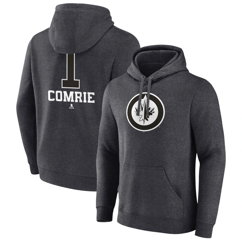Men's Winnipeg Jets Charcoal Monochrome Eric Comrie Player Pullover Hoodie
