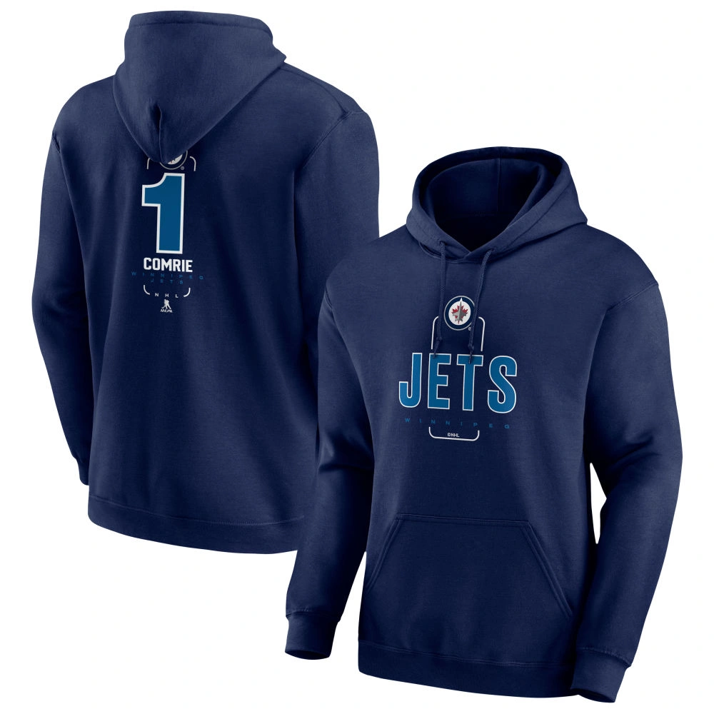 Men's Winnipeg Jets Navy Midfielder Eric Comrie Player Pullover Hoodie Men's Winnipeg Jets Navy Midfielder Eric Comrie Player Pullover Hoodie