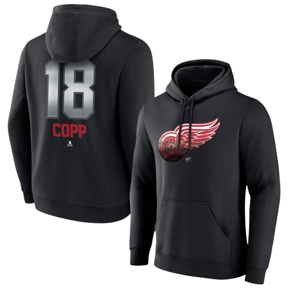 Men's Detroit Red Wings Black Midnight Mascot Logo Andrew Copp Player Pullover Hoodie