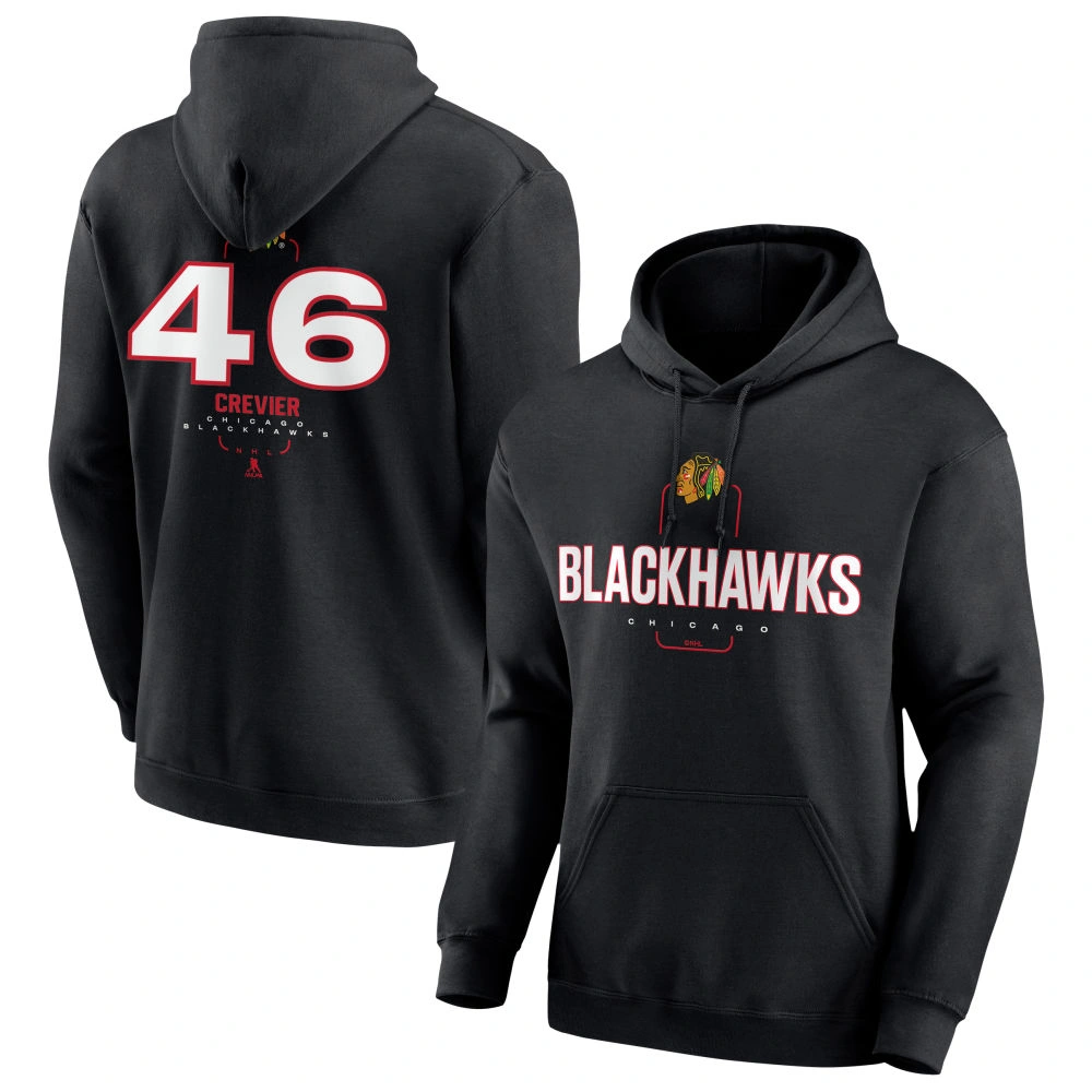 Men's Chicago Blackhawks Black Midfielder Louis Crevier Player Pullover Hoodie Men's Chicago Blackhawks Black Midfielder Louis Crevier Player Pullover Hoodie