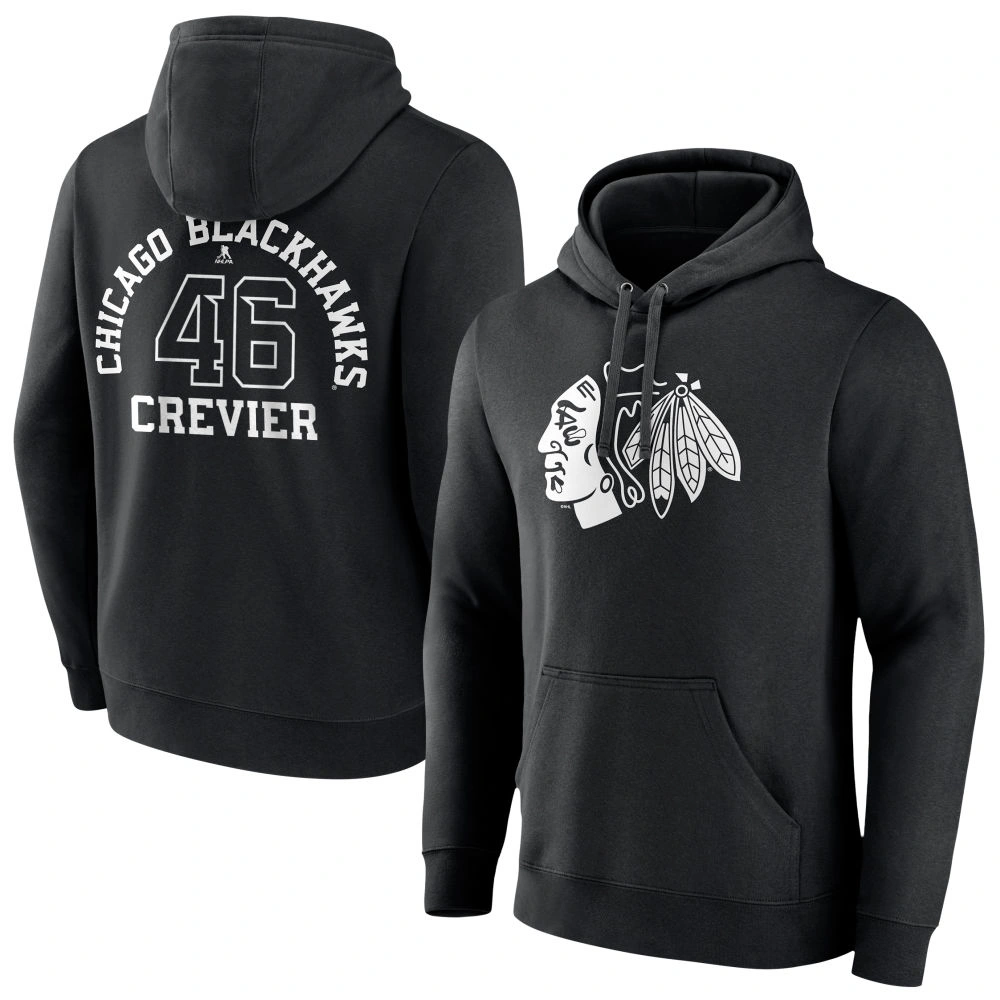Men's Chicago Blackhawks Black Monochrome Louis Crevier Player Pullover Hoodie Men's Chicago Blackhawks Black Monochrome Louis Crevier Player Pullover Hoodie