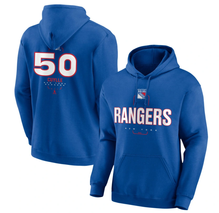 Men's New York Rangers Blue Midfielder Will Cuylle Player Pullover Hoodie Men's New York Rangers Blue Midfielder Will Cuylle Player Pullover Hoodie