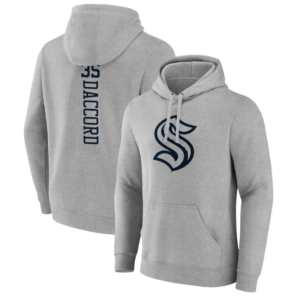 Men's Seattle Kraken Heather Gray Joey Daccord Player Pullover Hoodie Men's Seattle Kraken Heather Gray Joey Daccord Player Pullover Hoodie