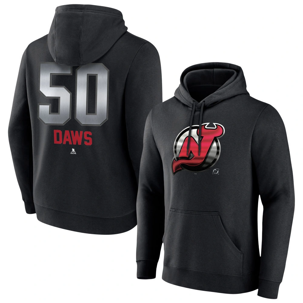 Men's New Jersey Devils Black Midnight Mascot Logo Nico Daws Player Pullover Hoodie Men's New Jersey Devils Black Midnight Mascot Logo Nico Daws Player Pullover Hoodie