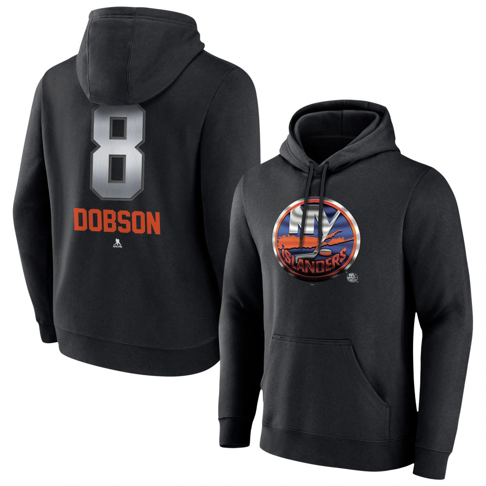 Youth New York Islanders Black Midnight Mascot Logo Noah Dobson Pullover Hoodie Youth New York Islanders Black Midnight Mascot Logo Noah Dobson Pullover Hoodie