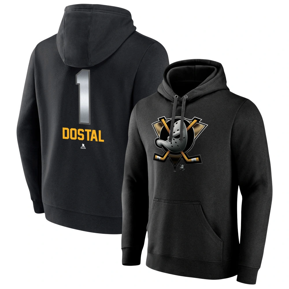 Men's Anaheim Ducks Black Midnight Mascot Logo Lukas Dostal #1 Player Pullover Hoodie Men's Anaheim Ducks Black Midnight Mascot Logo Lukas Dostal #1 Player Pullover Hoodie