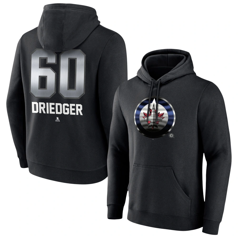 Men's Winnipeg Jets Black Midnight Mascot Logo Chris Driedger Player Pullover Hoodie