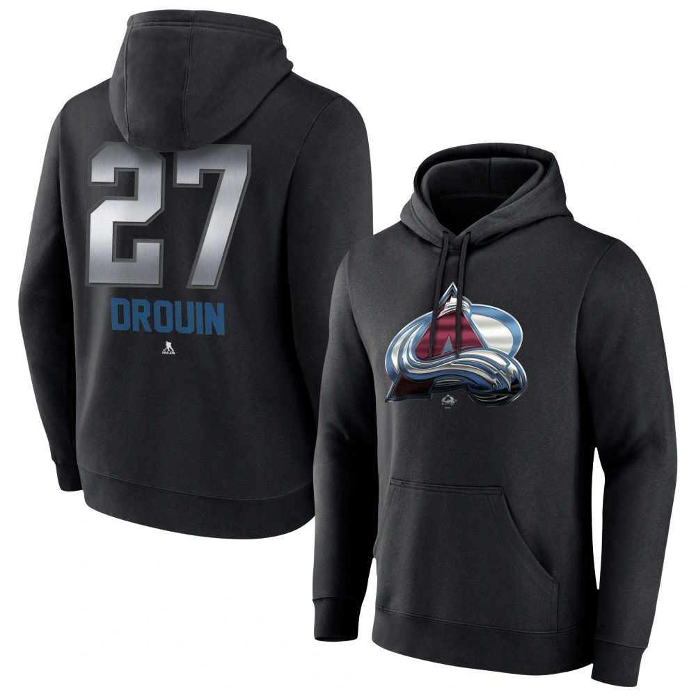 Men's Colorado Avalanche Black Midnight Mascot Logo Jonathan Drouin Player Pullover Hoodie Men's Colorado Avalanche Black Midnight Mascot Logo Jonathan Drouin Player Pullover Hoodie