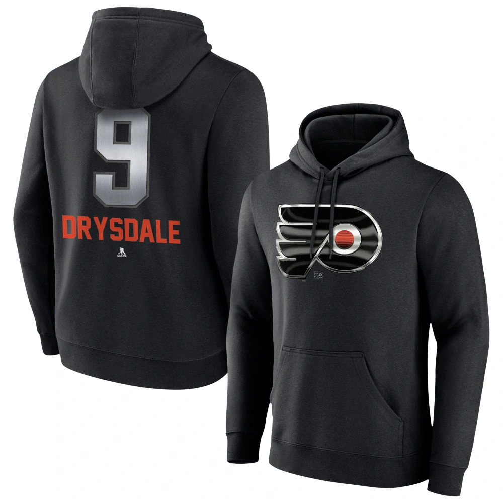 Men's Philadelphia Flyers Black Midnight Mascot Logo Jamie Drysdale Player Pullover Hoodie Men's Philadelphia Flyers Black Midnight Mascot Logo Jamie Drysdale Player Pullover Hoodie
