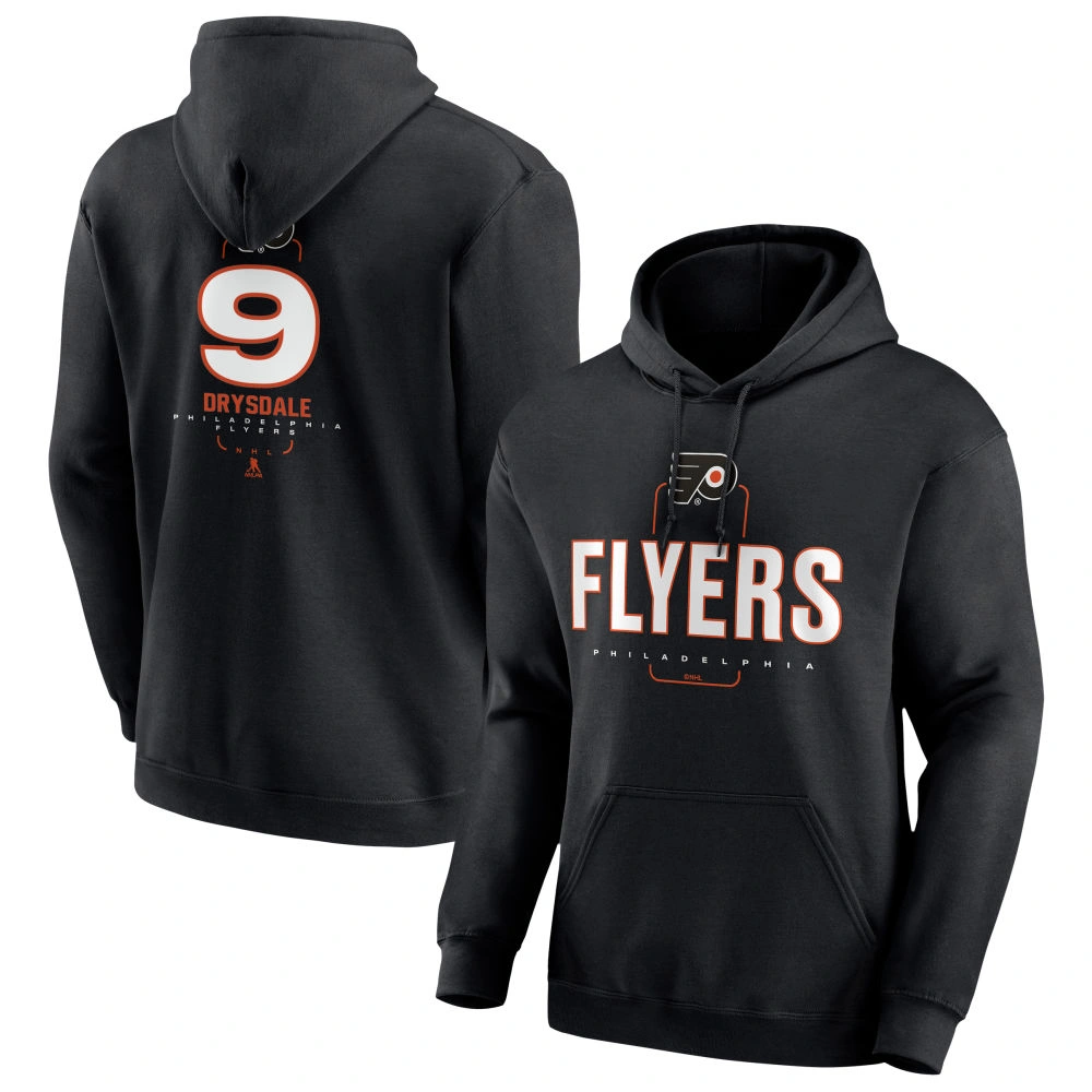 Men's Philadelphia Flyers Black Midfielder Jamie Drysdale Player Pullover Hoodie Men's Philadelphia Flyers Black Midfielder Jamie Drysdale Player Pullover Hoodie