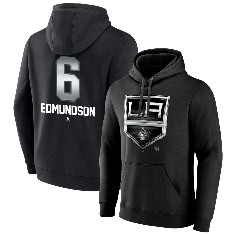 Men's Los Angeles Kings Black Midnight Mascot Logo Joel Edmundson Player Pullover Hoodie Men's Los Angeles Kings Black Midnight Mascot Logo Joel Edmundson Player Pullover Hoodie