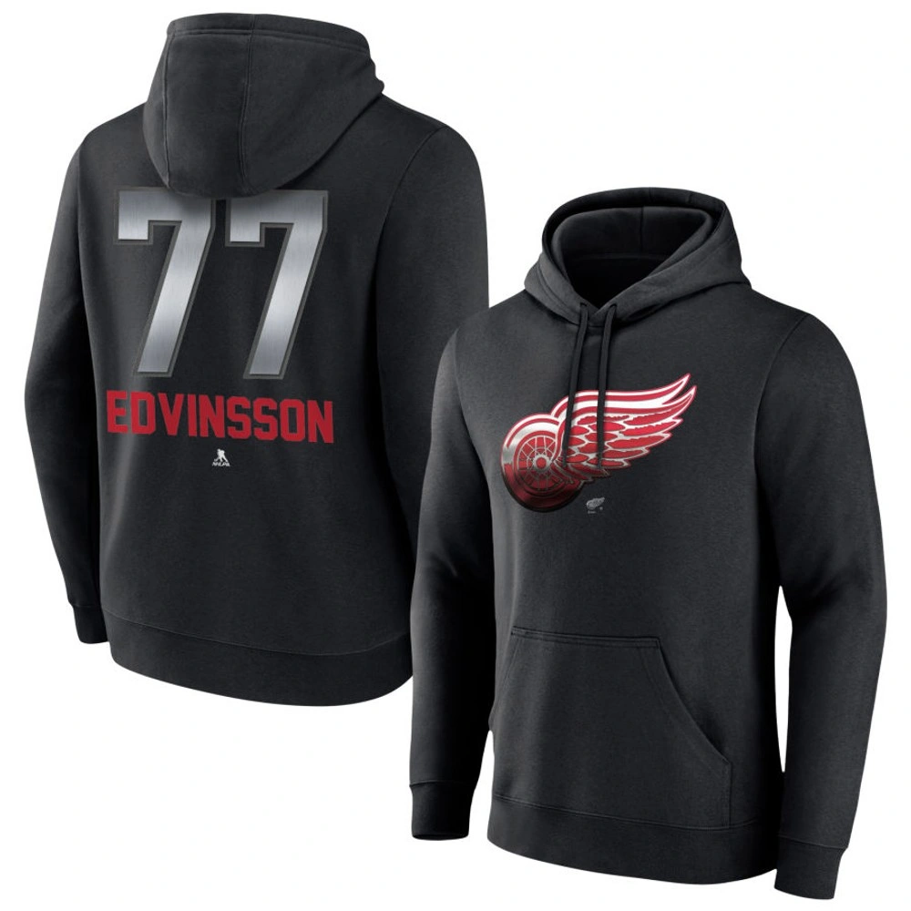 Men's Detroit Red Wings Black Midnight Mascot Logo Simon Edvinsson Player Pullover Hoodie