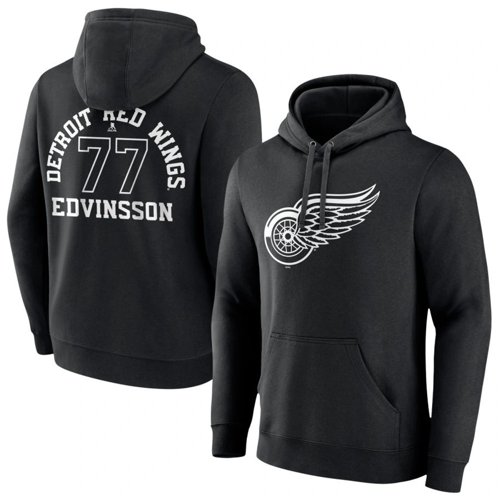 Men's Detroit Red Wings Black Monochrome Simon Edvinsson Player Pullover Hoodie