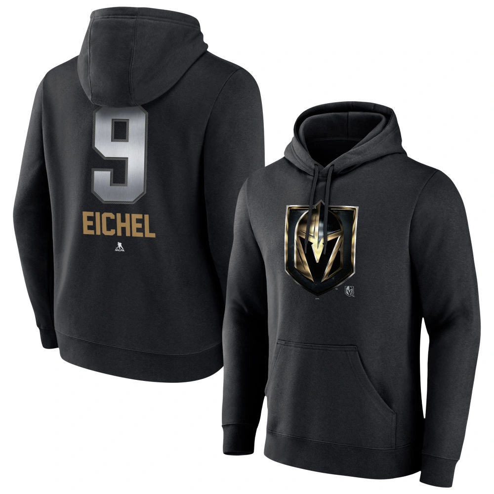 Men's Vegas Golden Knights Black Midnight Mascot Logo Jack Eichel Player Pullover Hoodie Men's Vegas Golden Knights Black Midnight Mascot Logo Jack Eichel Player Pullover Hoodie