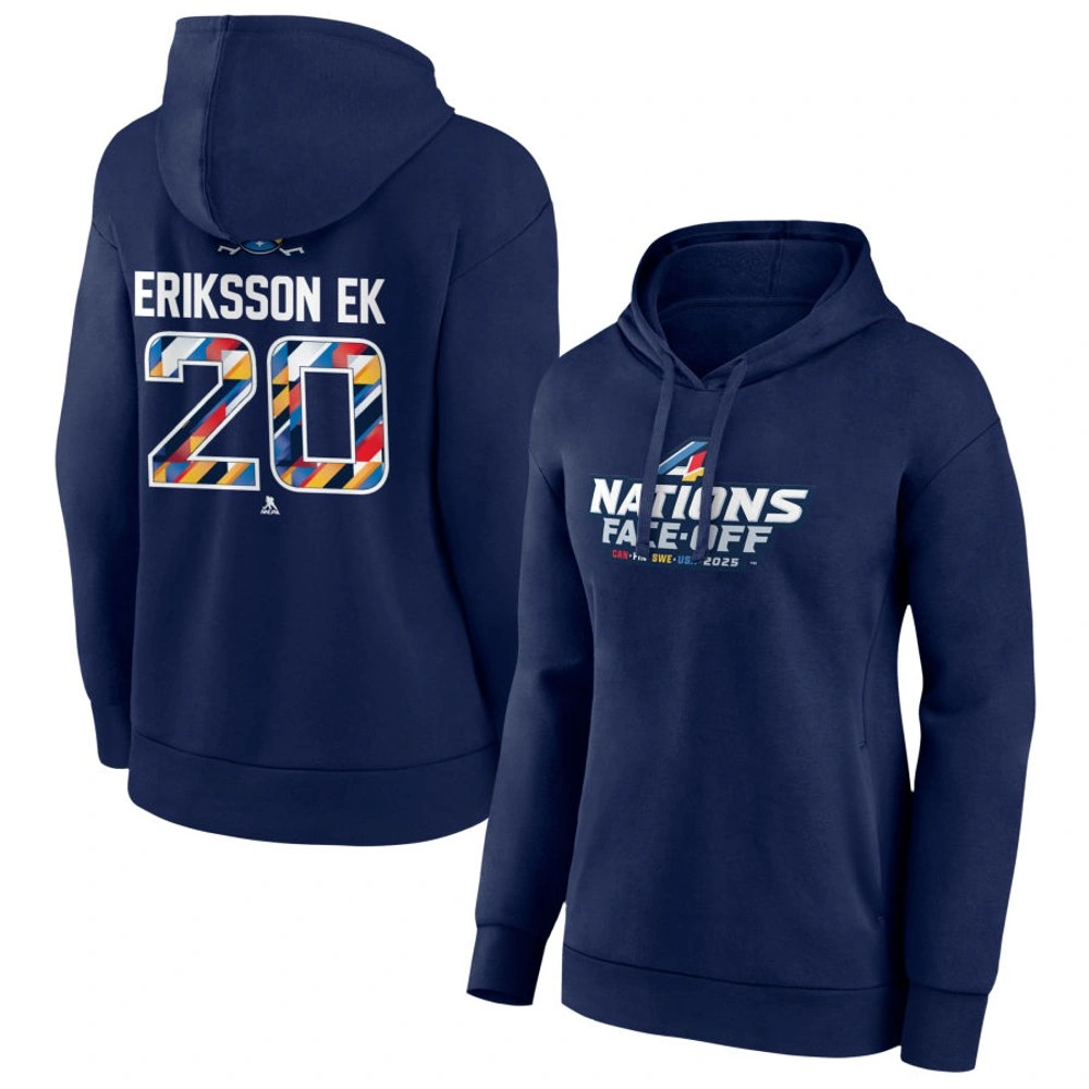 Women's 2025 Four Nations Face-Off Joel Eriksson Ek Player Pullover Hoodie - Navy Women's 2025 Four Nations Face-Off Joel Eriksson Ek Player Pullover Hoodie - Navy