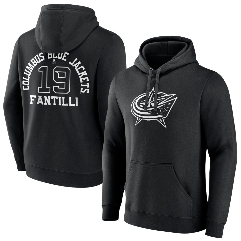 Men's Columbus Blue Jackets Black Monochrome Adam Fantilli Player Pullover Hoodie Men's Columbus Blue Jackets Black Monochrome Adam Fantilli Player Pullover Hoodie